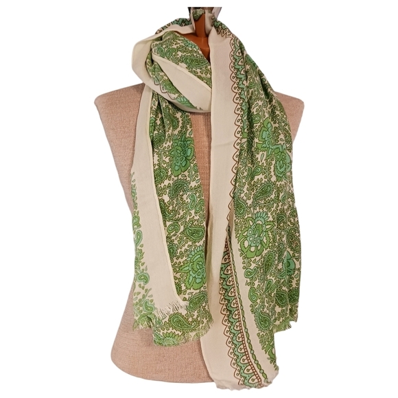 Accessories - Womens Neck Scarf Fall Winter Green Paisley Boho Beige  Shawl